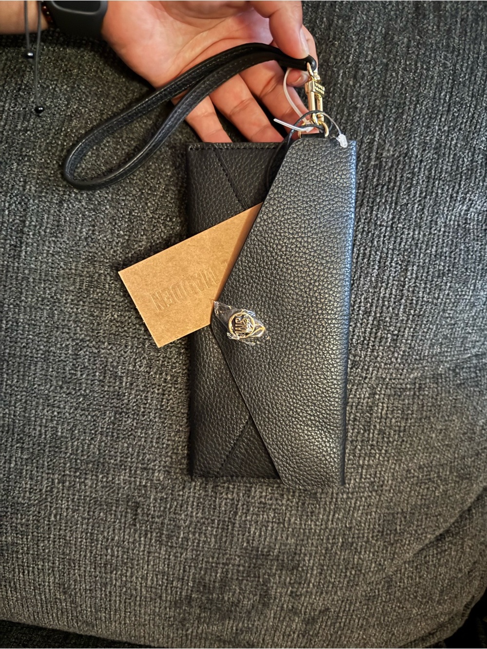 Steve Madden Black Pebbled Leather Wristlet with Gold Turn Lock